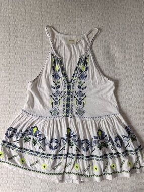 Maeve White Embroidered Racerback Tank with Navy and Neon Yellow Accents